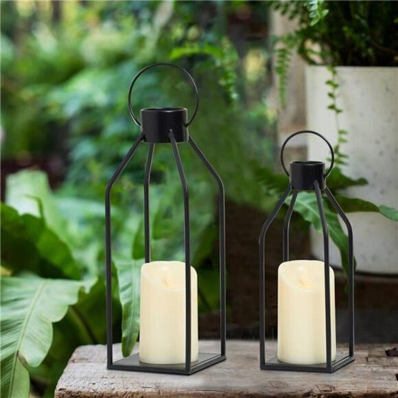 Black Metal Candle Lantern Set Farmhouse Decor with Timer for Table Fireplace - Picture 5 of 7